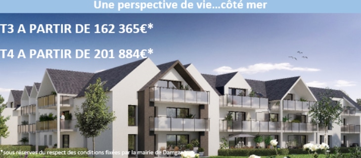 Affiche publicitaire pour la commercialisation d'appartements pour les primo accédants au sein de la résidence Horizon Marine à Damgan par Immo Golfe Bretagne