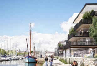 Vue en synthèse du projet de reconstruction et de réaménagement de la rive gauche du port de Vannes dans le Morbihan