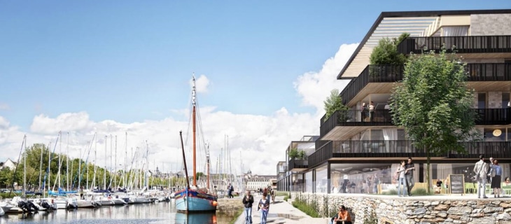 Vue en synthèse du projet de reconstruction et de réaménagement de la rive gauche du port de Vannes dans le Morbihan