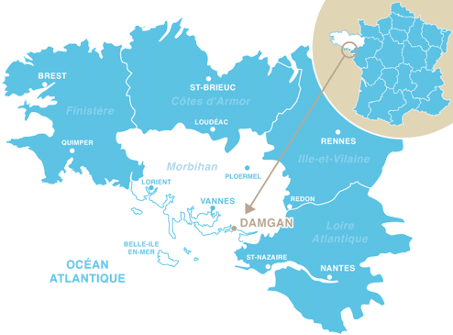 Carte de la Bretagne mettant en avant la localisation de la ville de Damgan dans le Morbihan