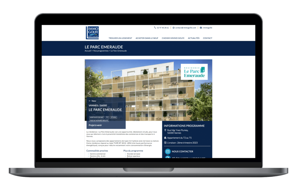 Ordinateur portable affichant le programme immobilier Le Parc Emeraude d'Immo Golfe Bretagne